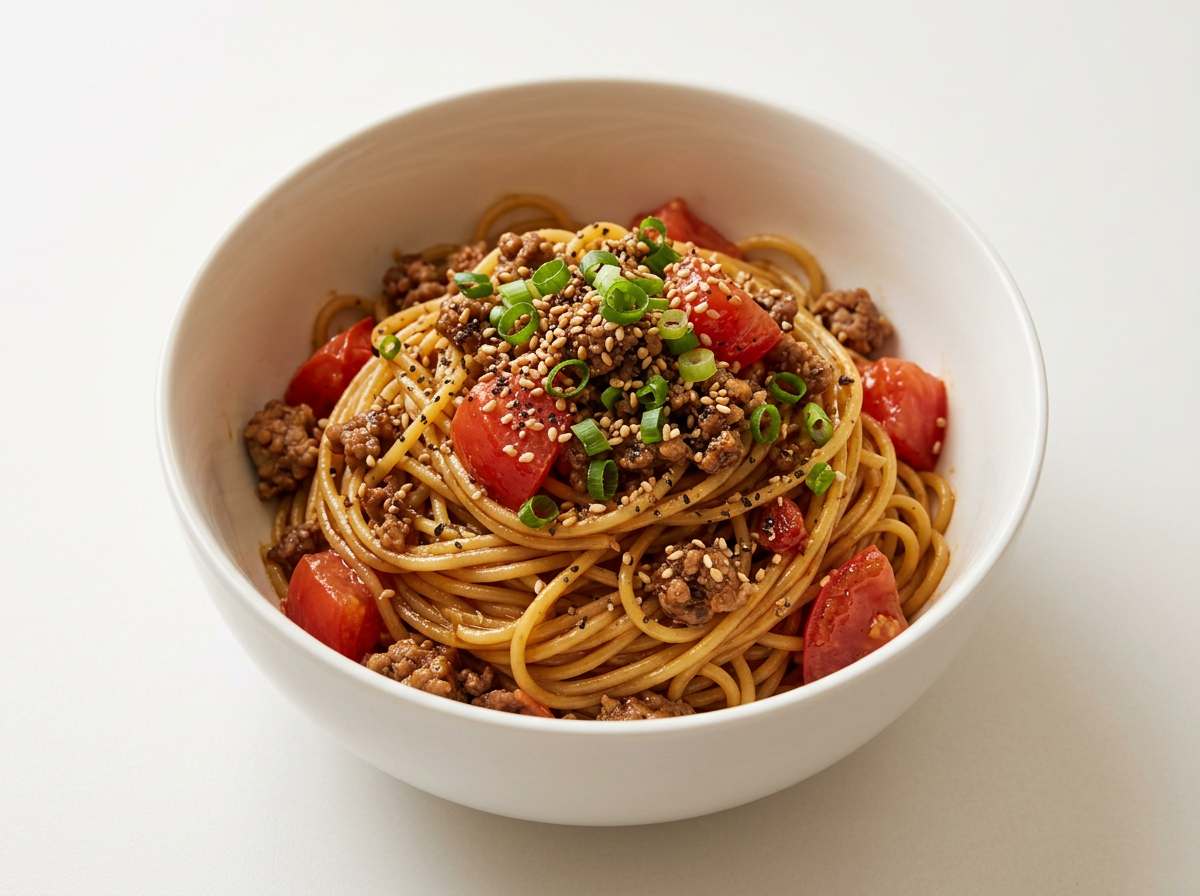 合いびき肉とトマトのごま油ガッツリ和風パスタ