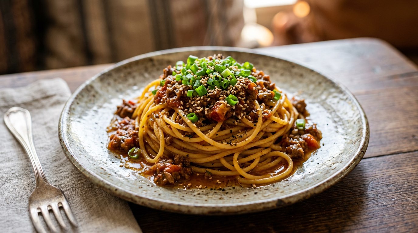 合いびき肉とトマトのごま油ガッツリ和風パスタ