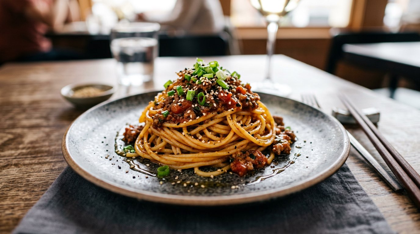 合いびき肉とトマトのごま油ガッツリ和風パスタ（完成イメージ）