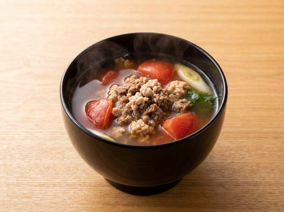 合いびき肉とトマトの高タンパク醤油スープ