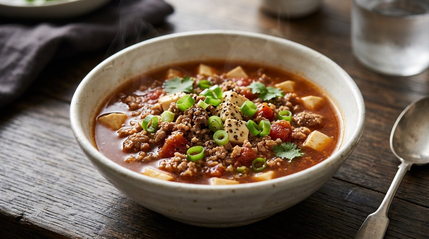 合いびき肉とトマトの高タンパク醤油スープ（完成イメージ）