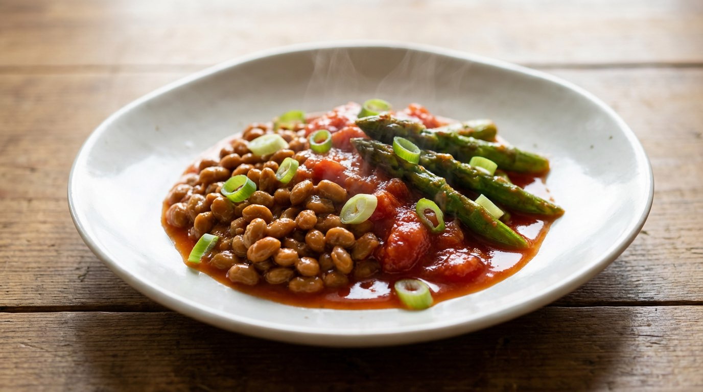 納豆とアスパラガスのトマト缶蒸し