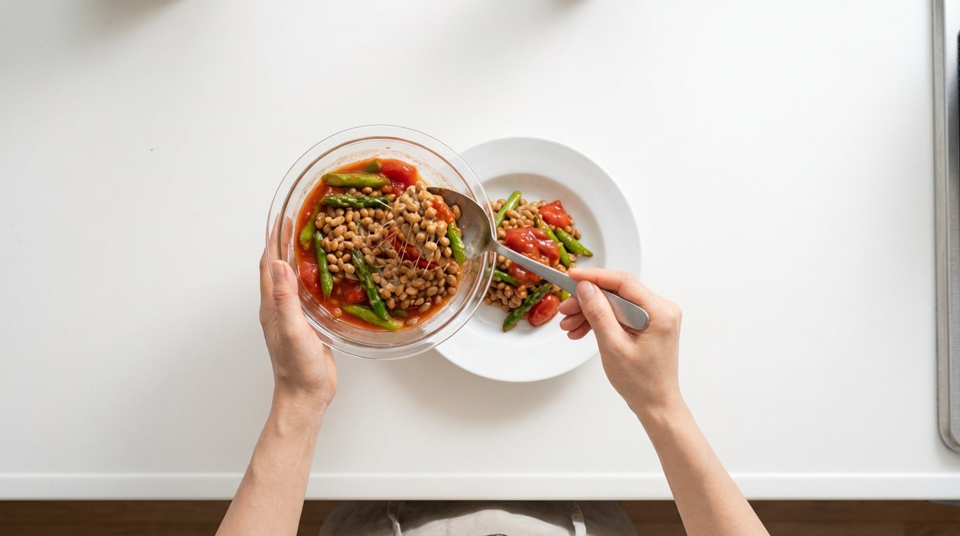 納豆とアスパラガスのトマト缶蒸し（完成イメージ）