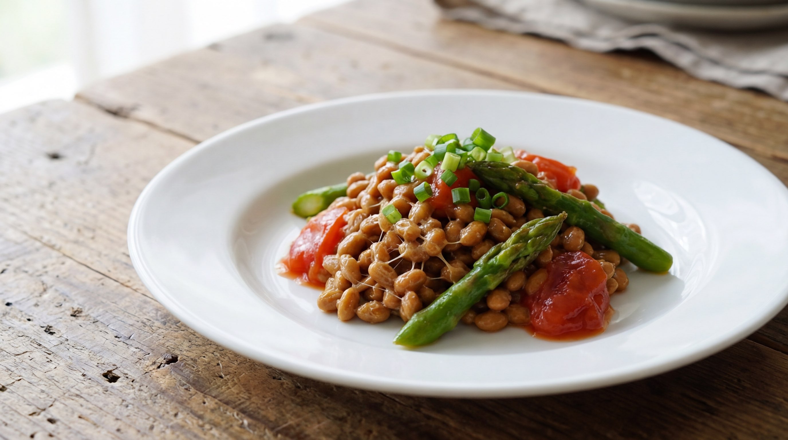納豆とアスパラガスのトマト缶蒸し（完成イメージ）