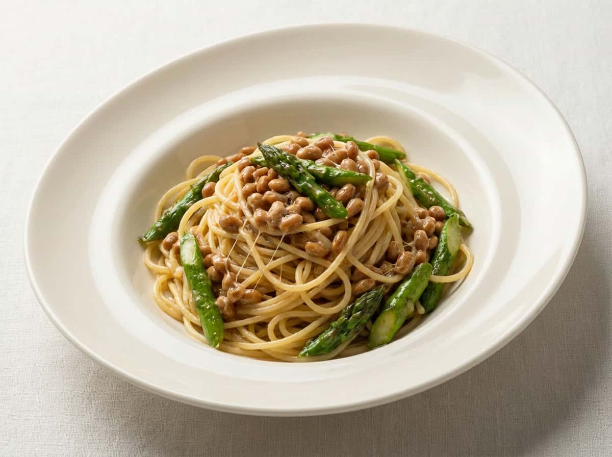 納豆とアスパラの甘酢冷製パスタ