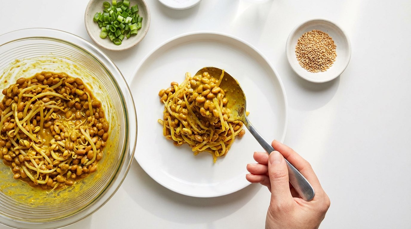レンジで簡単！納豆ともやしのカレーおつまみ（完成イメージ）