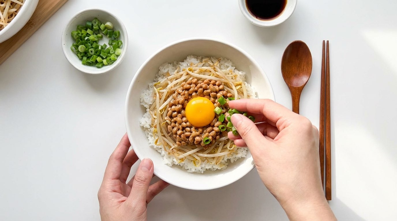 納豆ともやしの鶏ガラガーリック丼（完成イメージ）