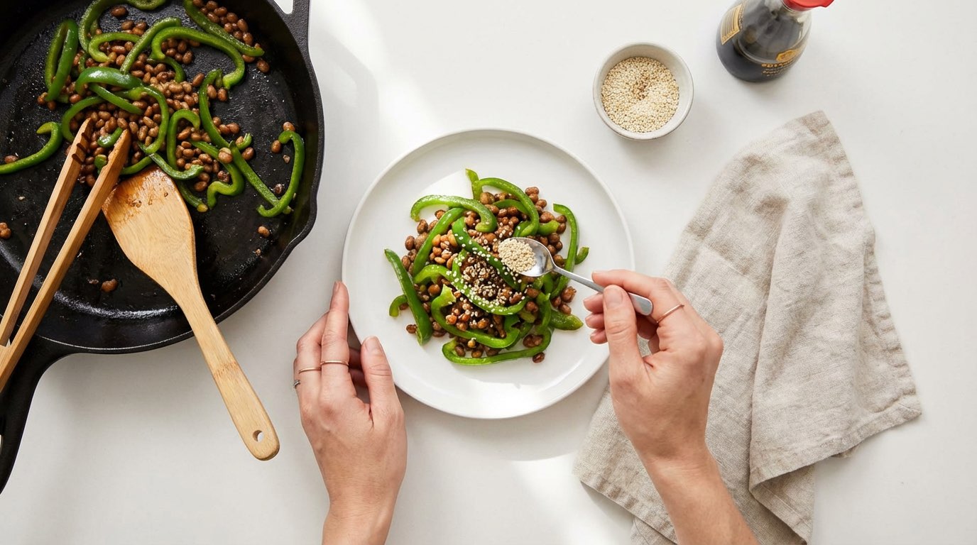 納豆とピーマンのピリ辛醤油炒め（完成イメージ）