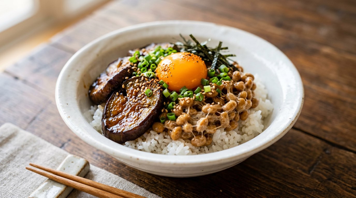 納豆となすのごま油香る甘辛丼