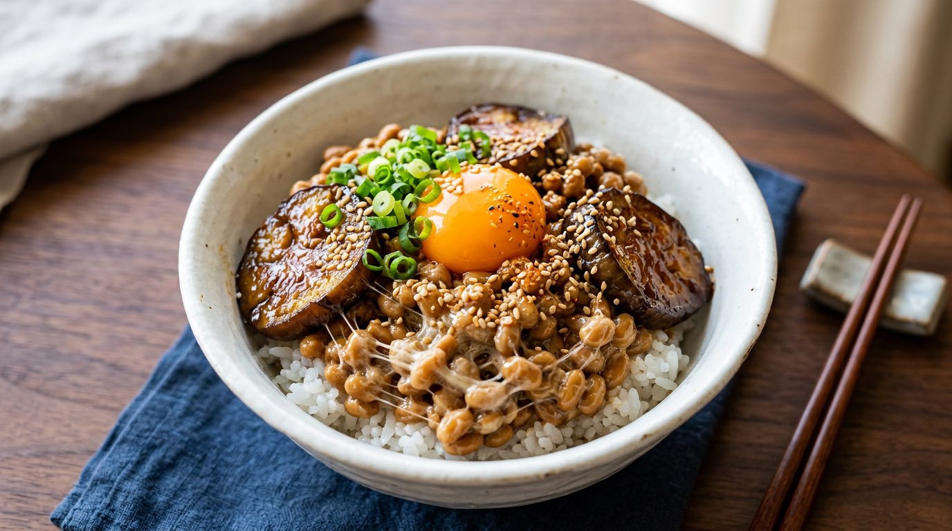 納豆となすのごま油香る甘辛丼（完成イメージ）