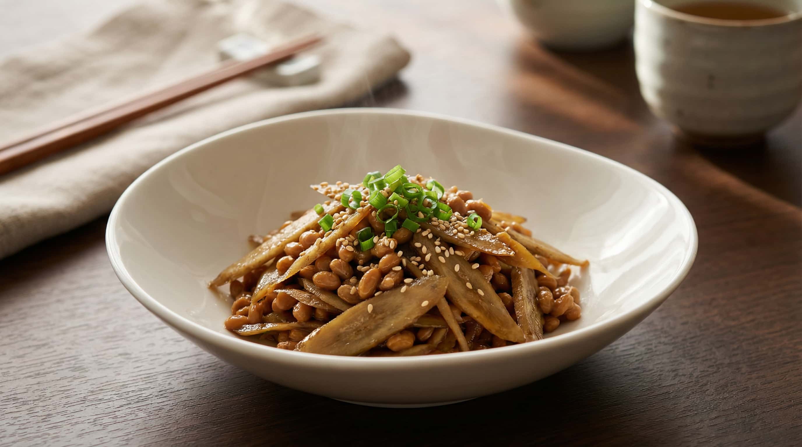 納豆とごぼうのピリ辛ポン酢炒め（完成イメージ）