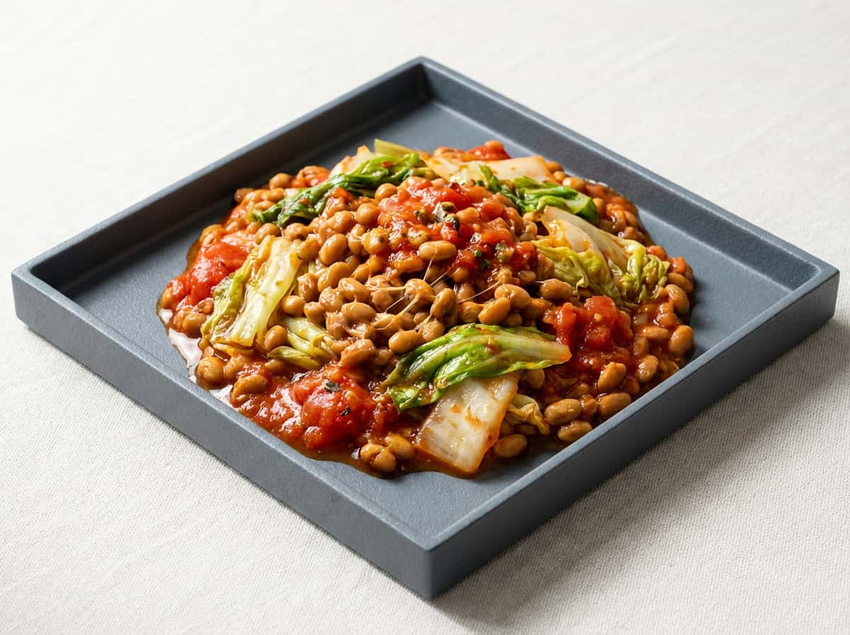 納豆とレタスのトマト缶炒め（チーズのせ）