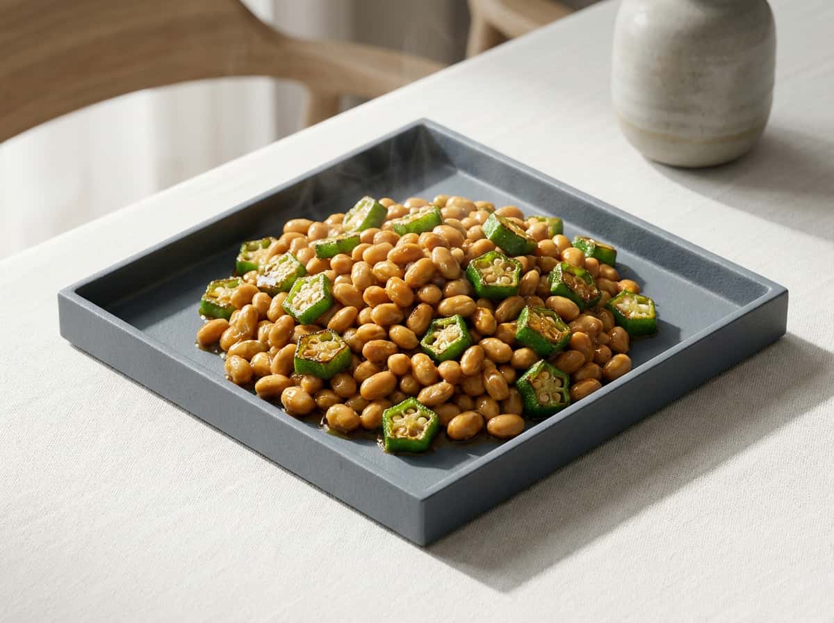 納豆とオクラの鶏がらピリ辛焼き