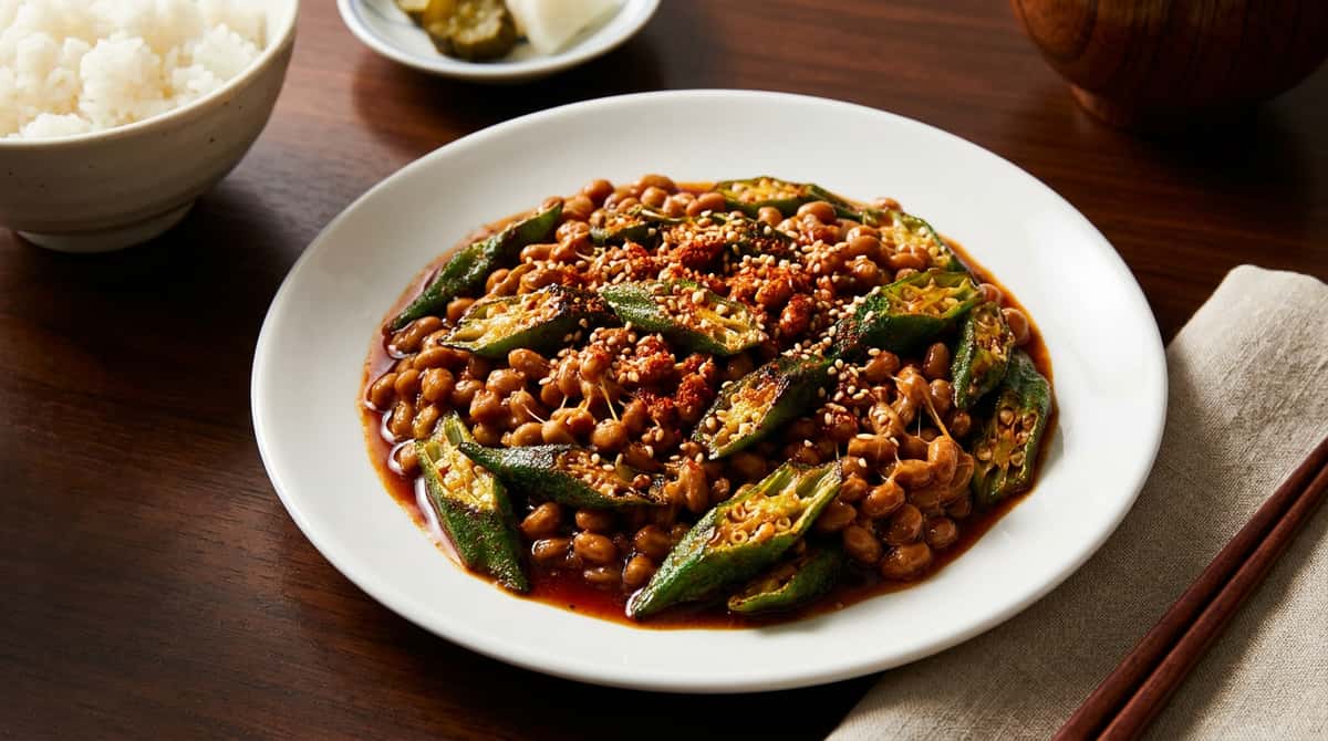 納豆とオクラの鶏がらピリ辛焼き（完成イメージ）