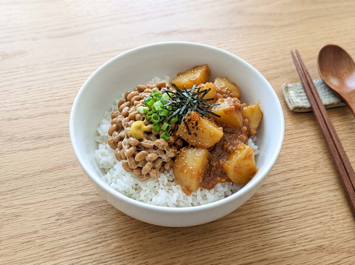 納豆とじゃがいもの味噌丼