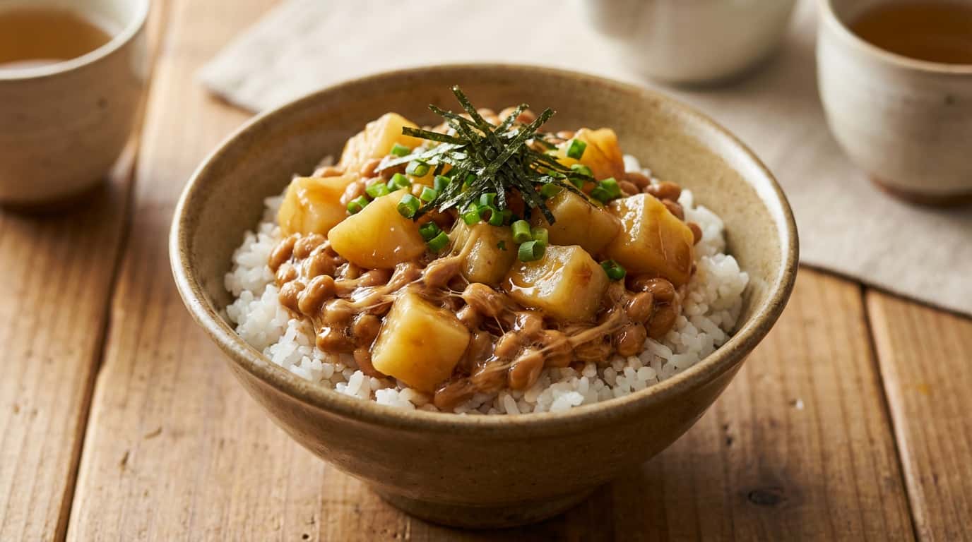納豆とじゃがいもの味噌丼（完成イメージ）