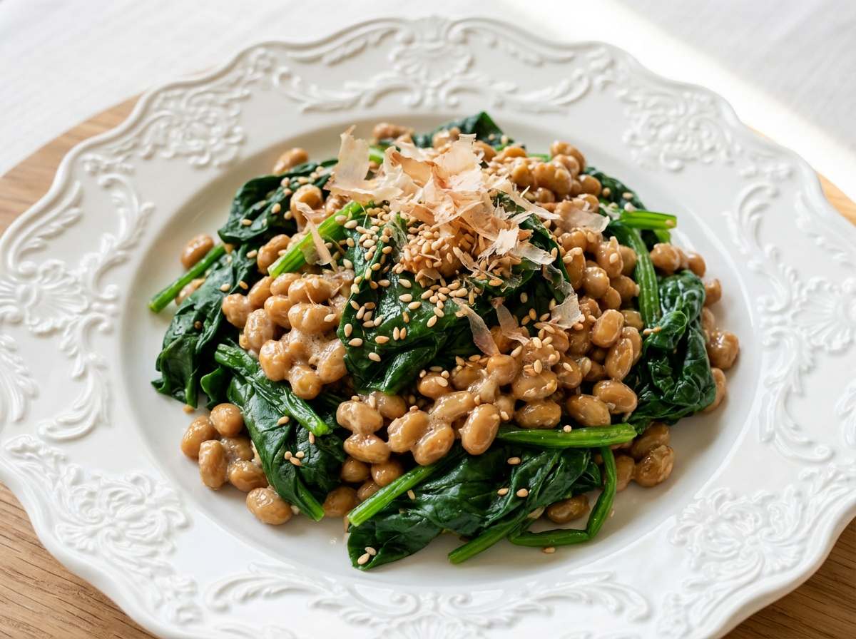 納豆とほうれん草のさっぱり鶏ガラ和え