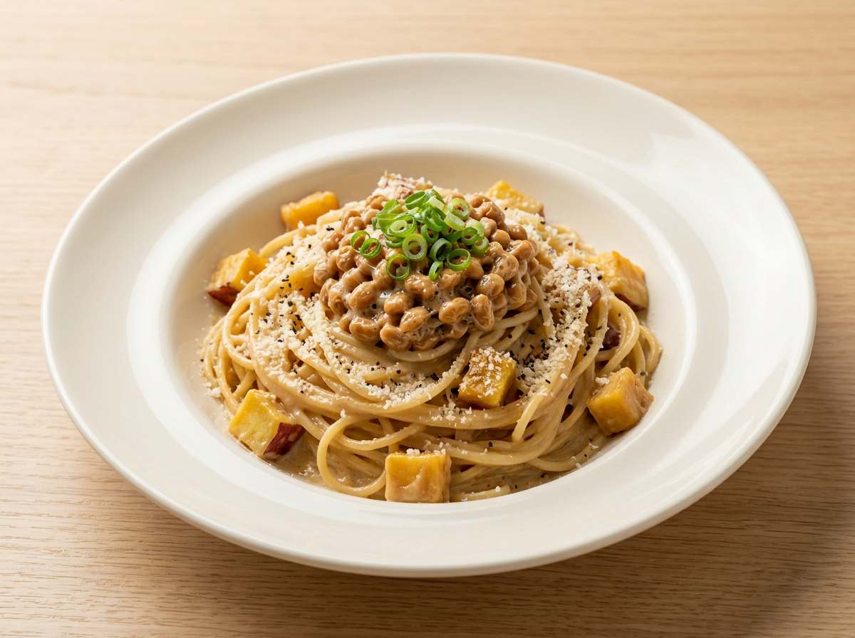 納豆とさつまいもの味噌クリームパスタ