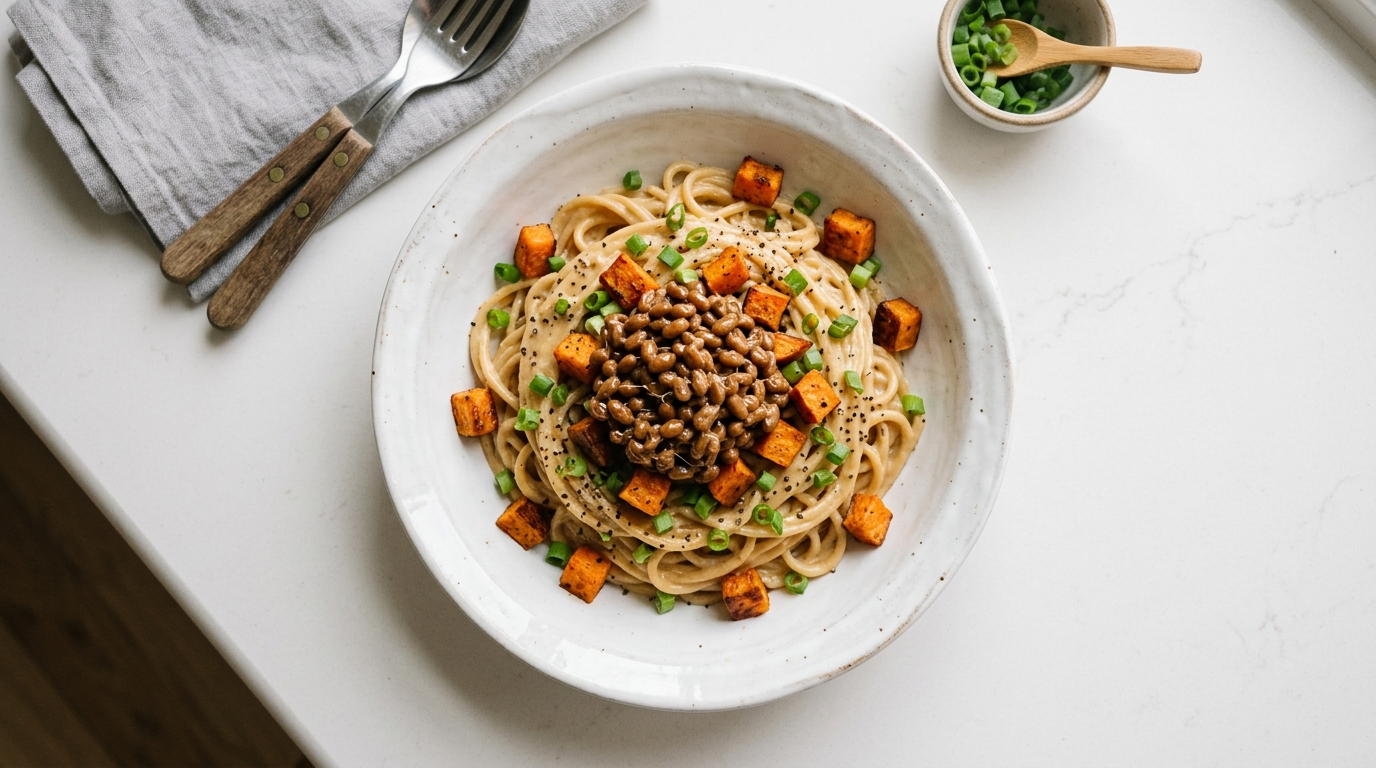 納豆とさつまいもの味噌クリームパスタ（完成イメージ）