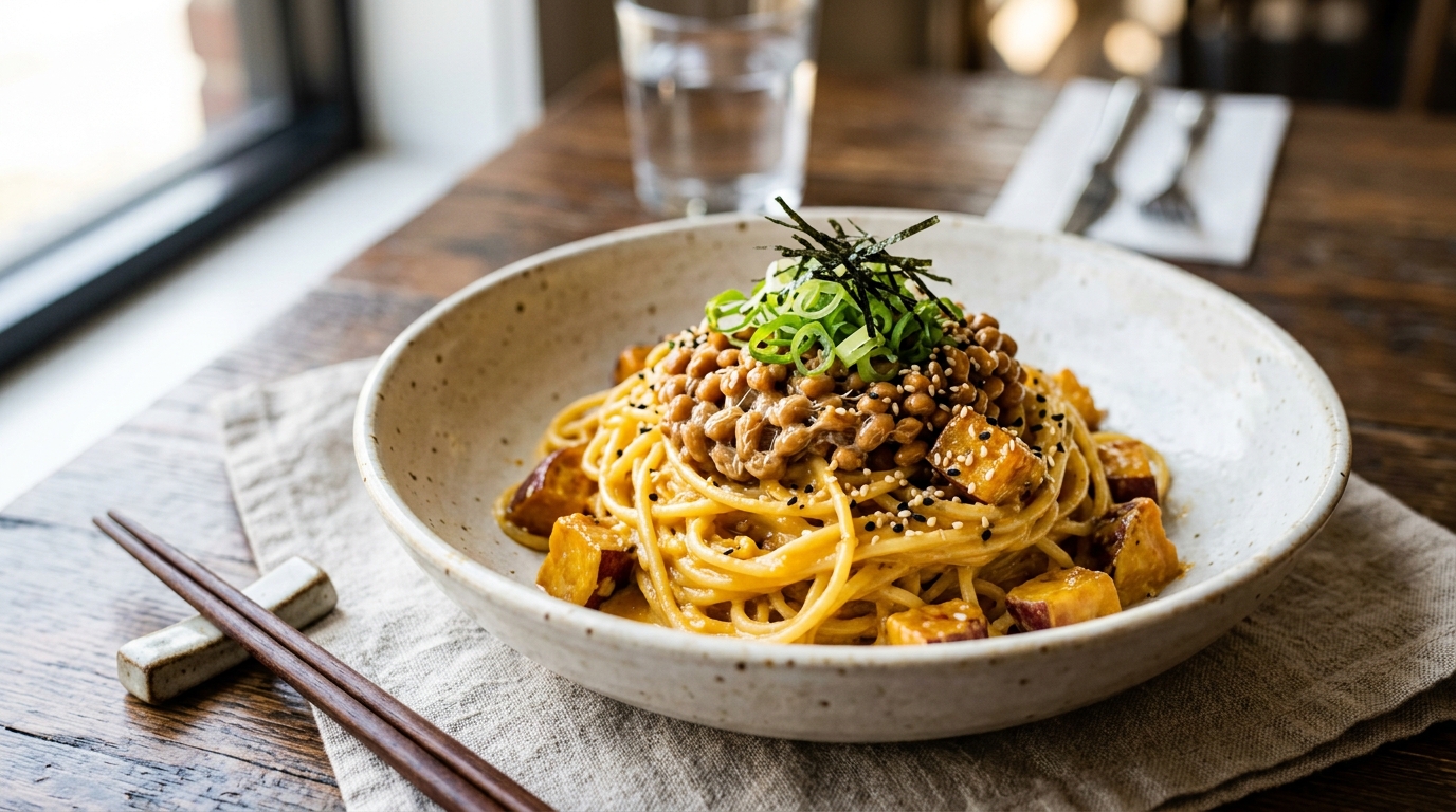 納豆とさつまいもの味噌クリームパスタ（完成イメージ）