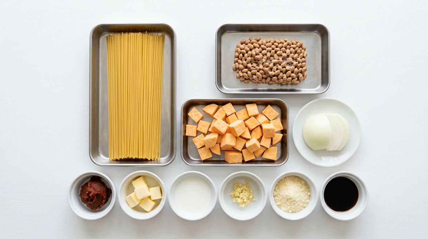 納豆とさつまいもの味噌クリームパスタ（材料）