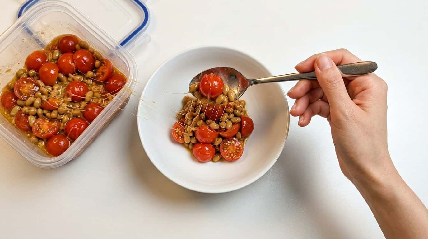 納豆とトマトのバター醤油レンジ蒸し（作り置き）（完成イメージ）