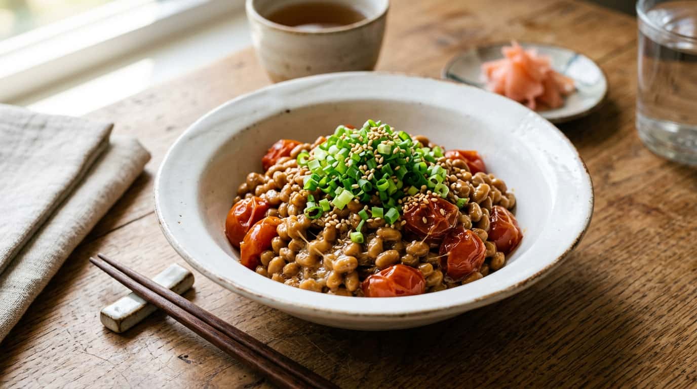 納豆とトマトのバター醤油レンジ蒸し（作り置き）（完成イメージ）