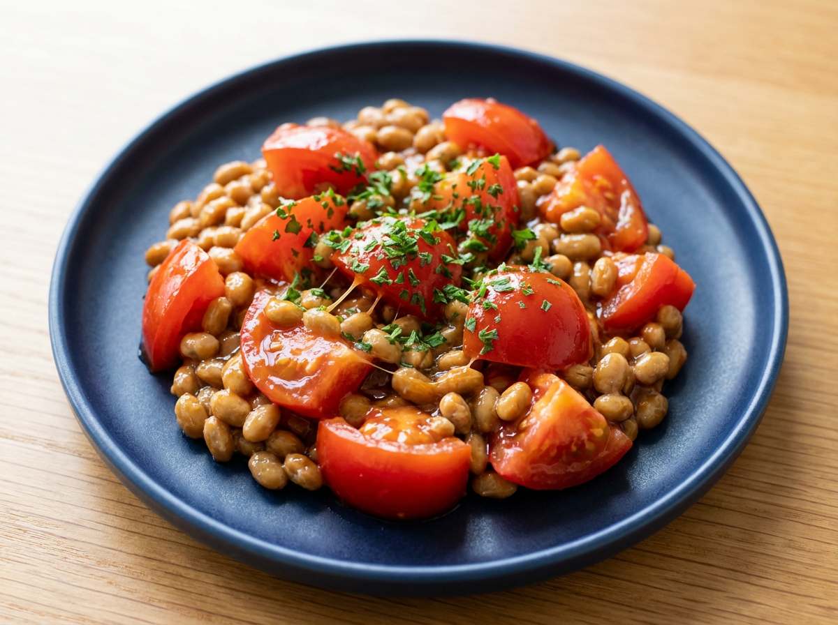 納豆とトマトのケチャップ蒸し