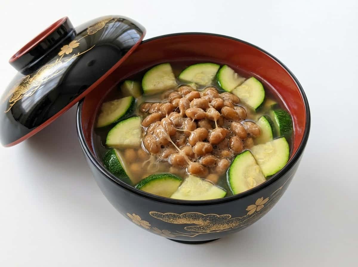 納豆とズッキーニの鶏ガラスープ