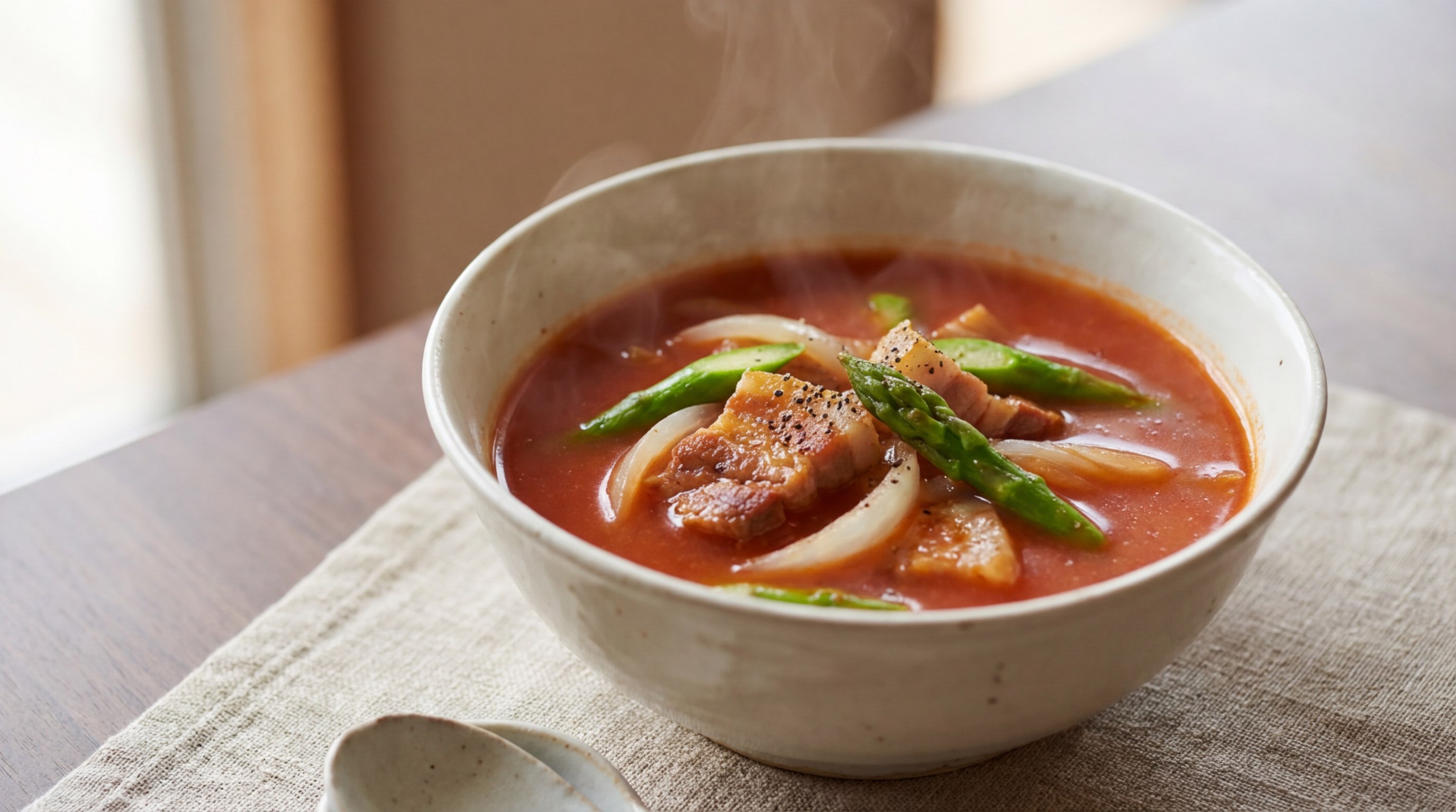 豚バラとアスパラのケチャップ節約スープ