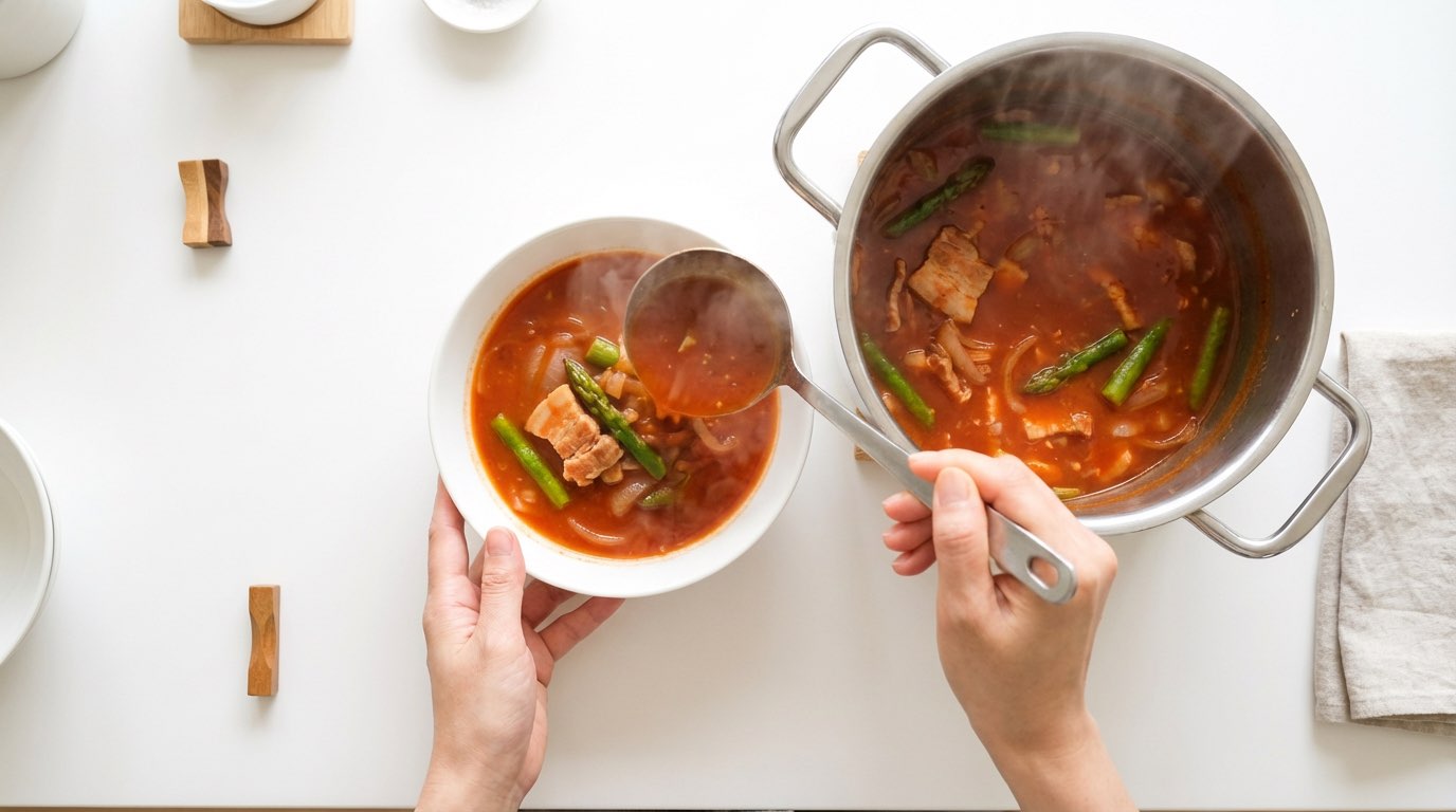 豚バラとアスパラのケチャップ節約スープ（完成イメージ）