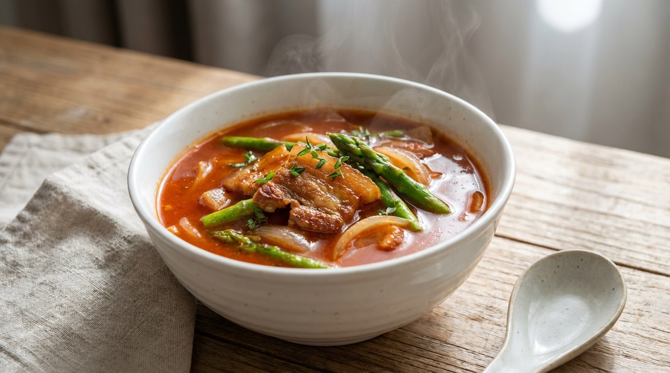 豚バラとアスパラのケチャップ節約スープ（完成イメージ）