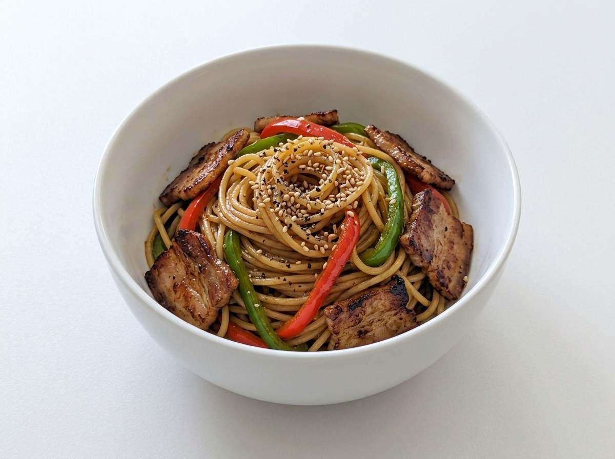 豚バラとピーマンの醤油パスタ