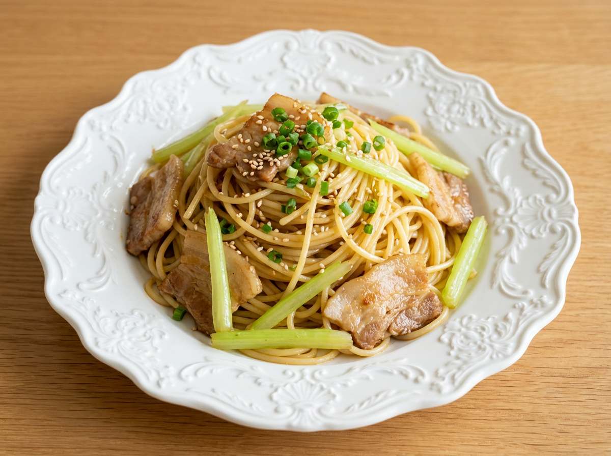 豚バラとセロリのごま油香る作り置きパスタ