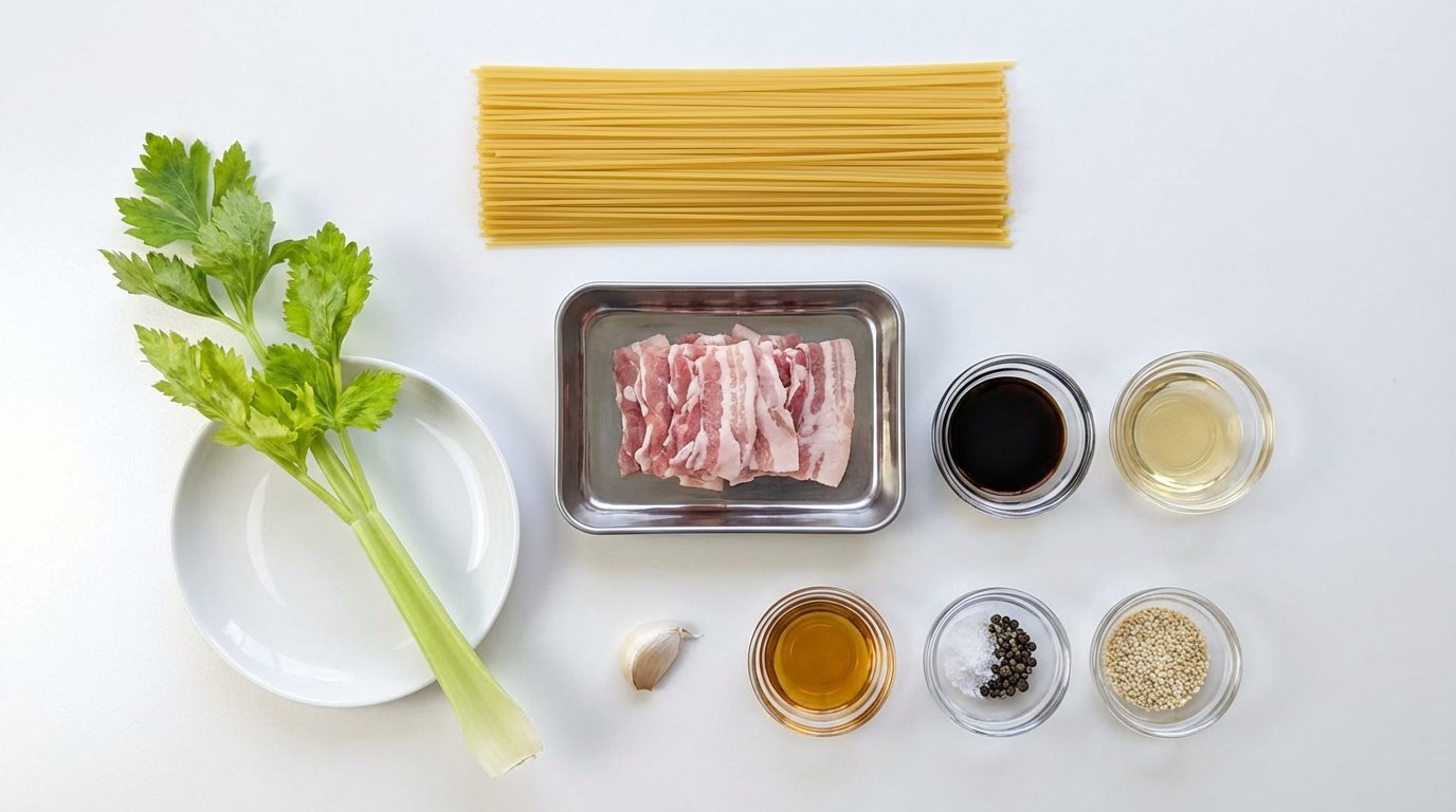 豚バラとセロリのごま油香る作り置きパスタ（材料）