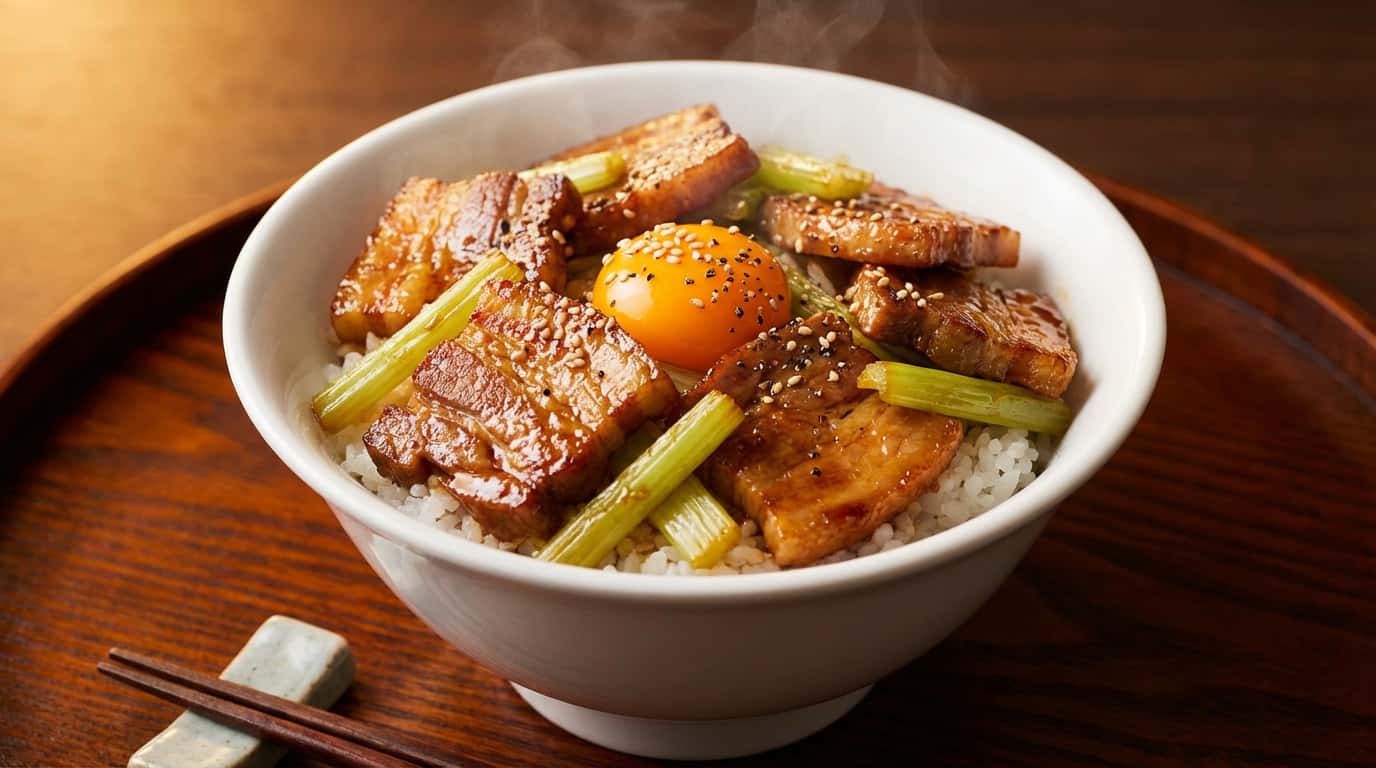 豚バラとセロリの醤油ガーリック丼（完成イメージ）