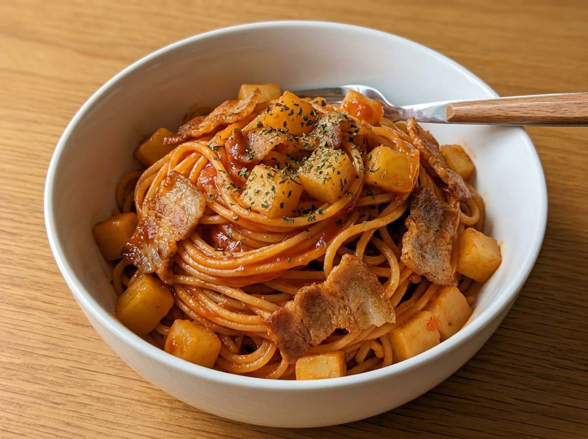 豚バラとじゃがいものケチャップパスタ