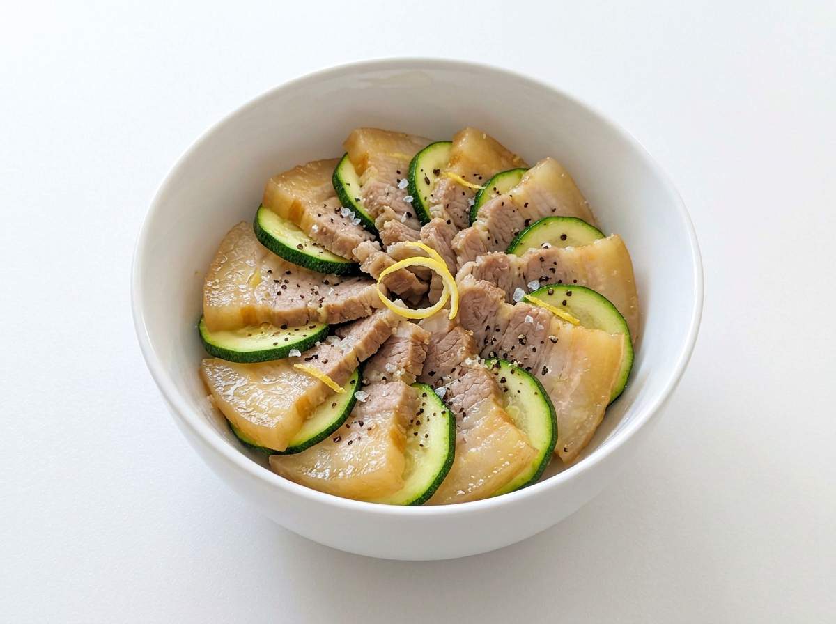 豚バラとズッキーニのレンジ蒸し 塩こしょう仕立て