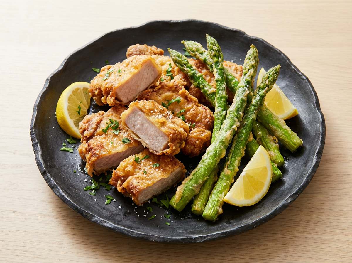 豚ロースとアスパラのカリッと揚げ鶏ガラ香味