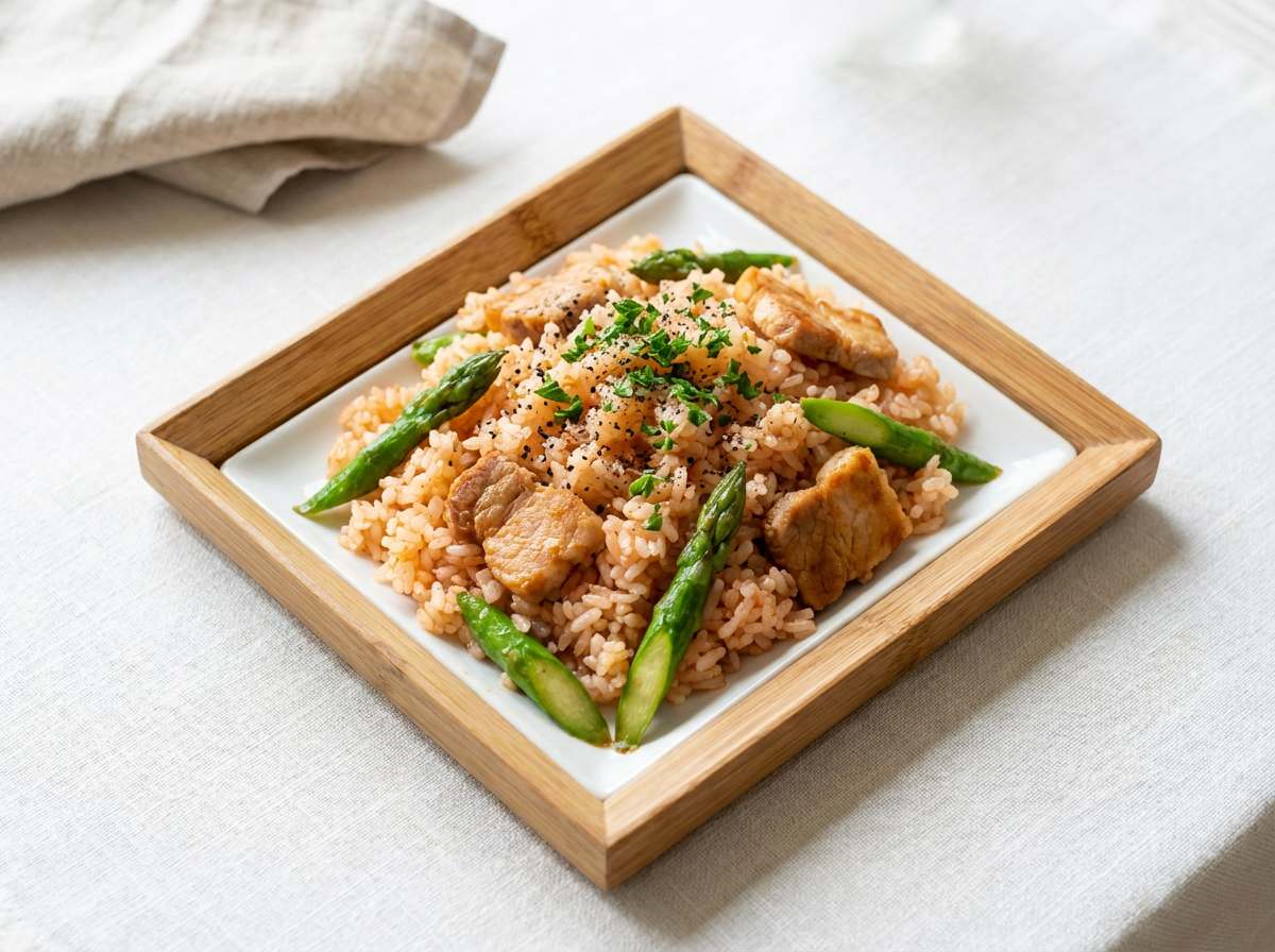 豚ロースとアスパラのケチャップ炊き込みおつまみご飯
