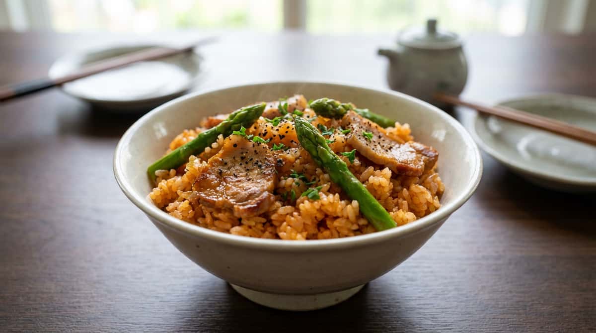 豚ロースとアスパラのケチャップ炊き込みおつまみご飯（完成イメージ）