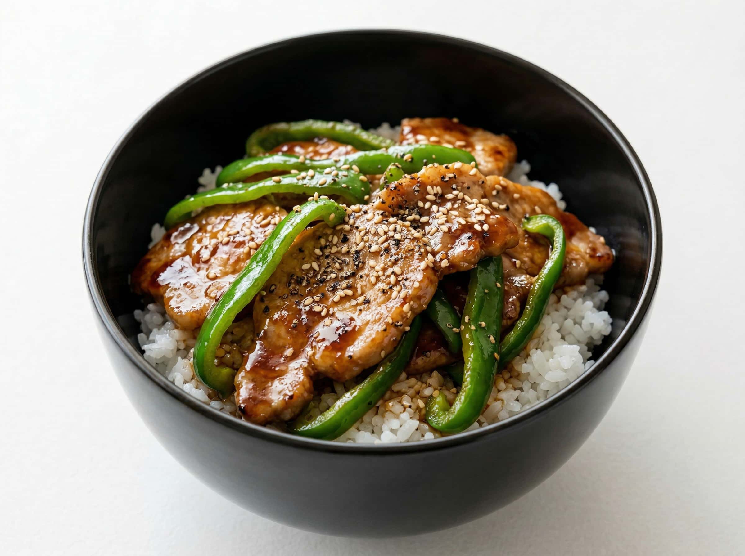 豚ロースとピーマンの焼肉タレ丼