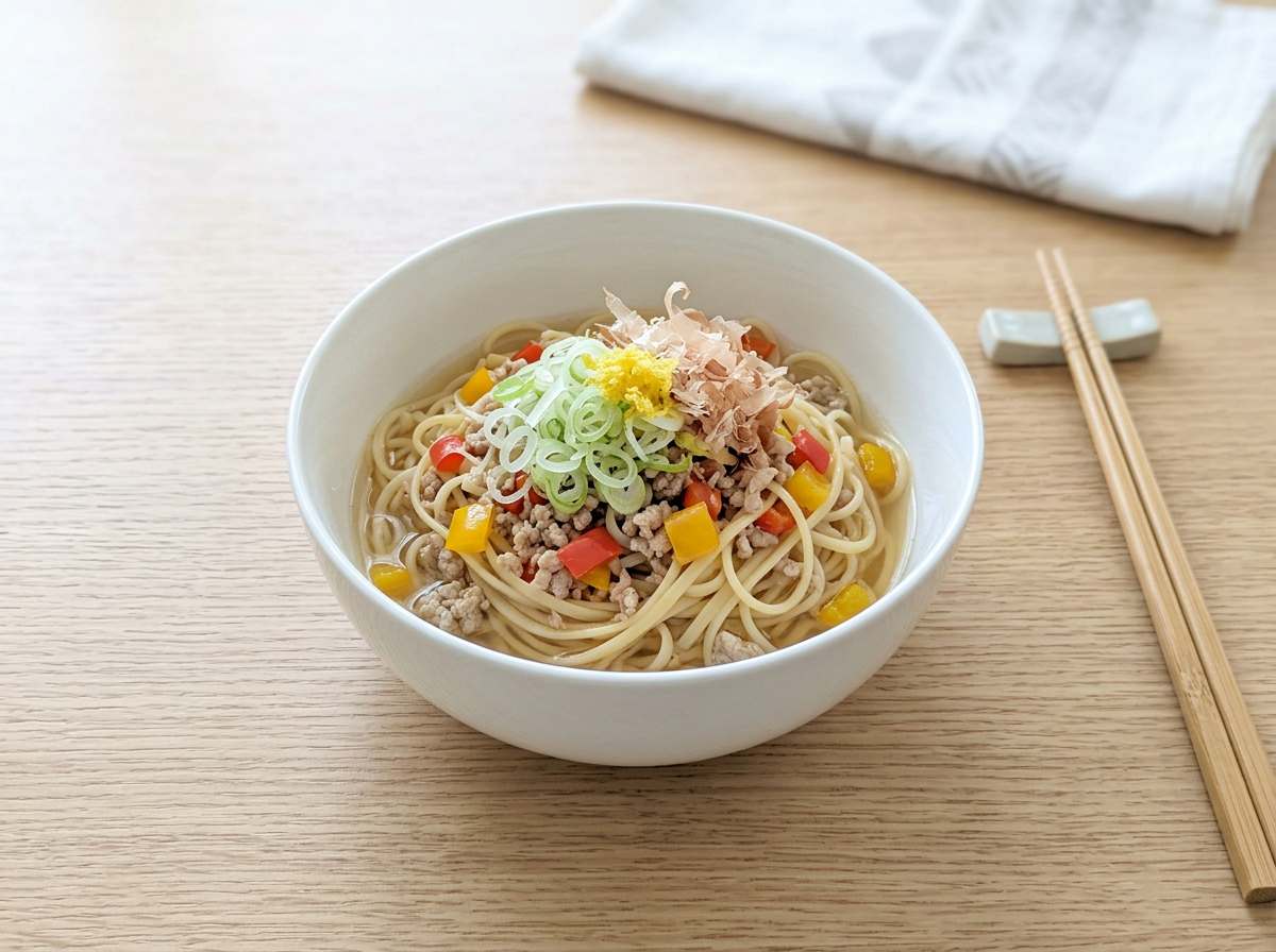 豚ひき肉とピーマンの白だしパスタ