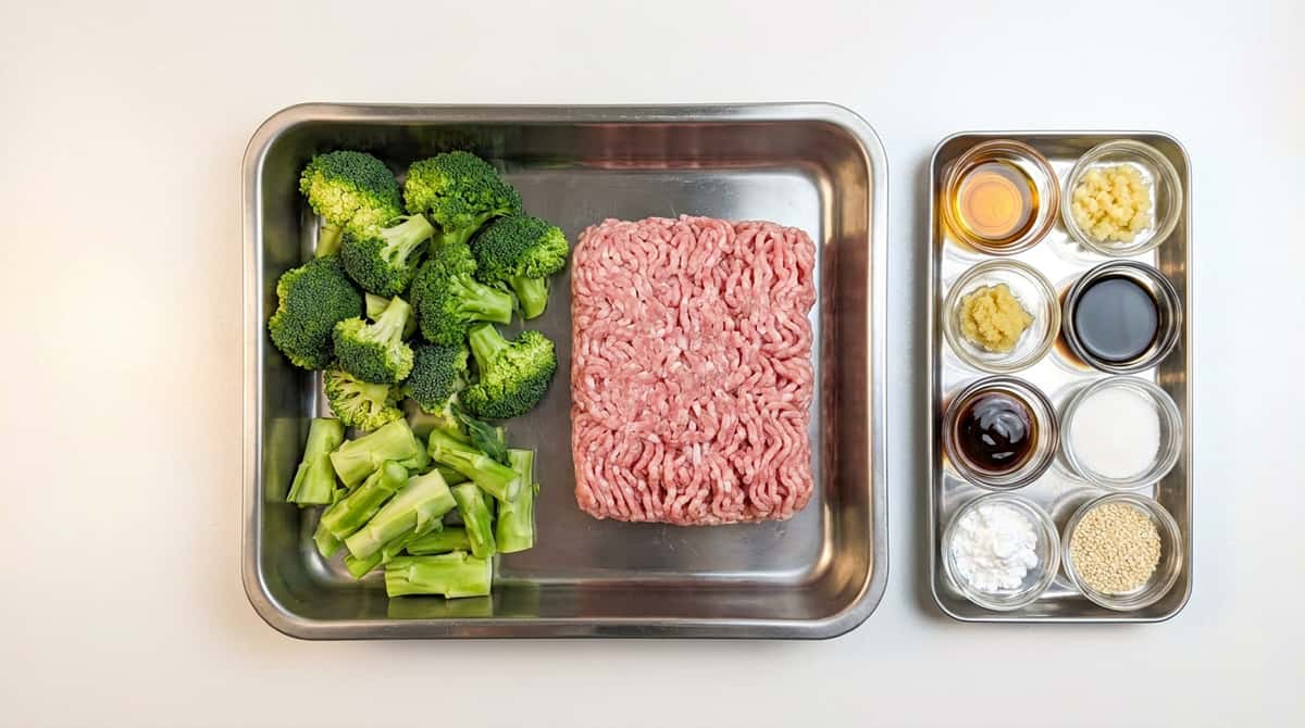 レンジでガッツリ！豚ひき肉とブロッコリーのごま油スタミナ蒸し（材料）
