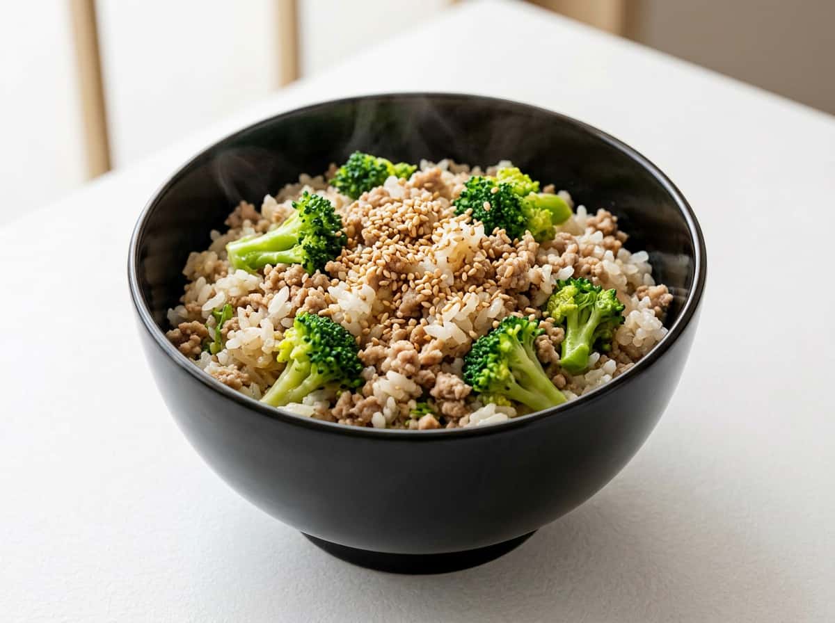 豚ひき肉とブロッコリーの白だし炊き込みご飯（おつまみ小丼）