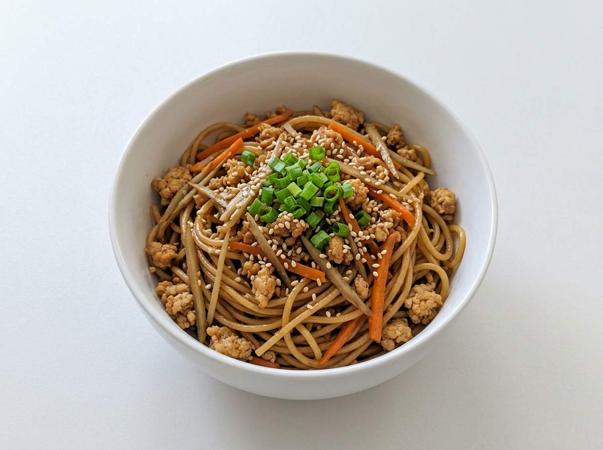 豚ひき肉とごぼうのごま油香るきんぴらパスタ