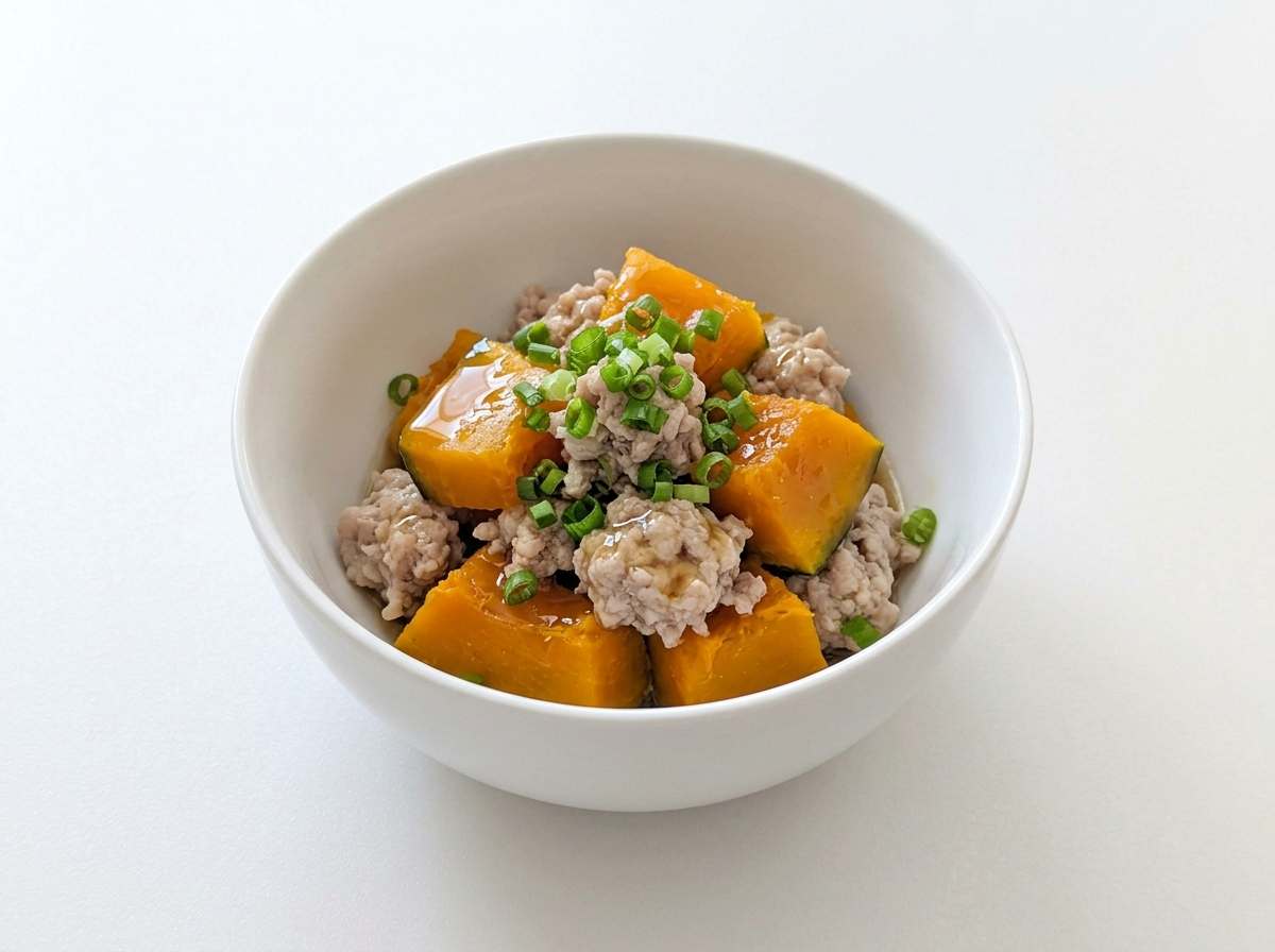 豚ひき肉とかぼちゃのポン酢レンジ蒸し