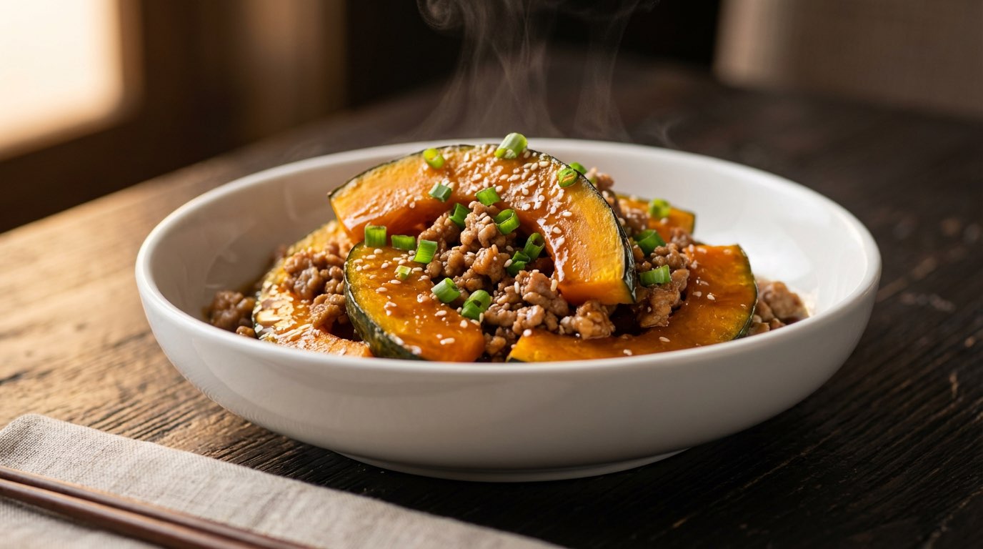 豚ひき肉とかぼちゃのポン酢レンジ蒸し