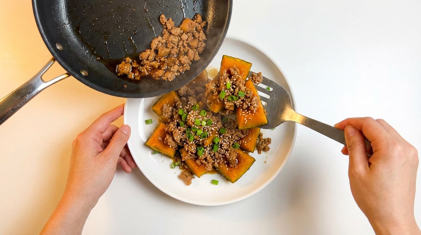 豚ひき肉とかぼちゃのポン酢レンジ蒸し（完成イメージ）