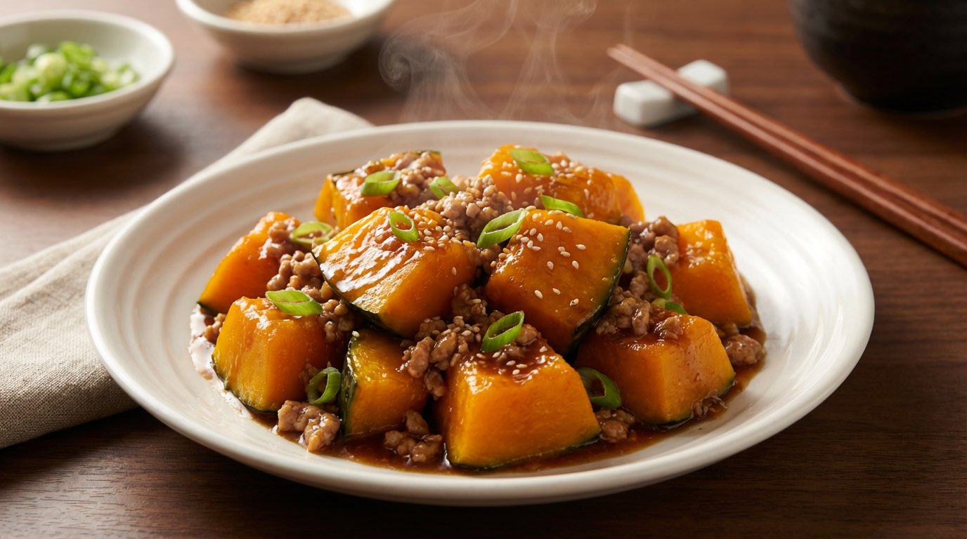 豚ひき肉とかぼちゃのポン酢レンジ蒸し（完成イメージ）